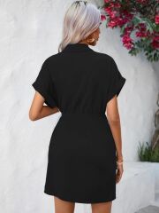 Kadın Kısa Kollu Yakalı Yandan Bağlamalı Dokuma Elbise