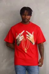 Unisex Baskılı Oversize T-Shirt - Kırmızı