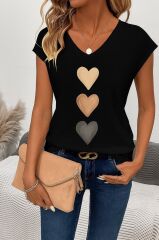 Kadın Kısa Kollu V Yakalı Kalp Desen Viskon Bluz