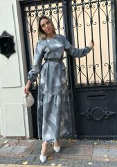 Kadın Uzun Kollu Bisiklet Yaka Geometrik Desen Baskılı Kuşak Dahil Maxi Boy Elbise