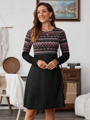 Kadın Uzun Kollu Bisiklet Yaka Etnik Desenli Kısa şardonlu Dalgıç Elbise