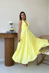 Sarı Askılı Keten Elbise