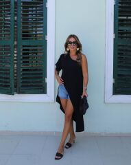 Kadın Tek Omuzu Açık Askılı Asimetrik Kesim Detaylı Bluz