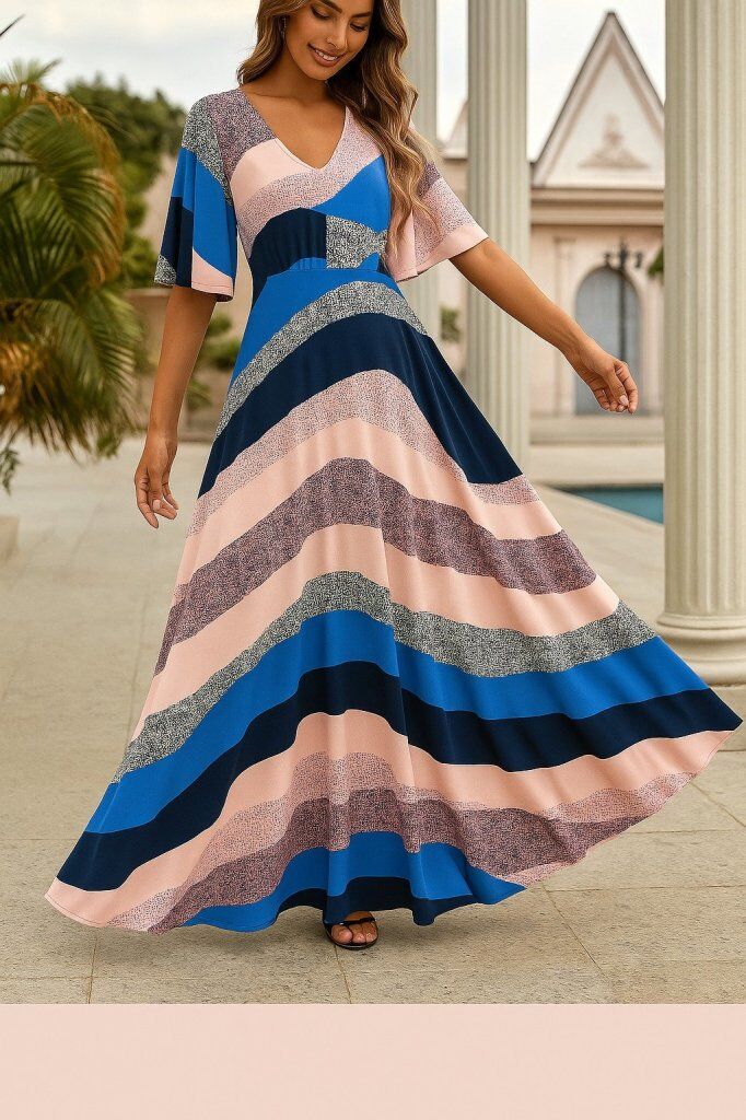 Kadın Kısa Kollu V Yakalı Desenli Süprem Elbise