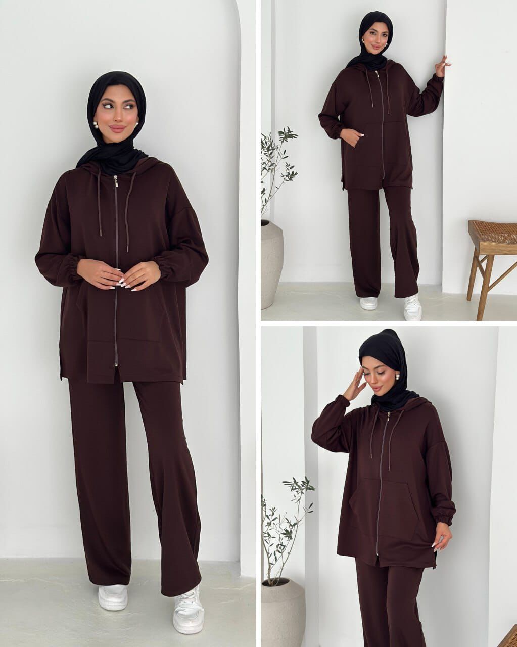 Kadın Modal Kumaş Fermuarlı Uzun Kol Acı Kahve Alt Üst Takım