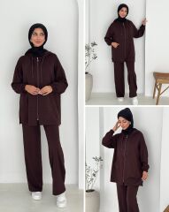 Kadın Modal Kumaş Fermuarlı Uzun Kol Acı Kahve Alt Üst Takım