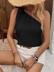 Kadın Tek Omuzdan Askılı Bağcıklı Keten Bluz