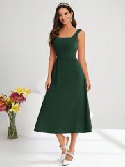 Kadın Askılı Kare Yakalı Midi Ithal Krep Elbise