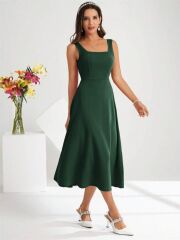 Kadın Askılı Kare Yakalı Midi Ithal Krep Elbise