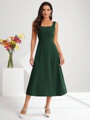 Kadın Askılı Kare Yakalı Midi Ithal Krep Elbise