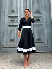 Kadın Truvakarkol Yakası Açık Blok Renkli Krep Midi Elbise