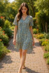 Yeşil Desenli Saten Elbise