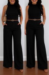 Kadın Yüksek Bel Geniş Paça Detaylı Cepli Ithal Krep Pantolon