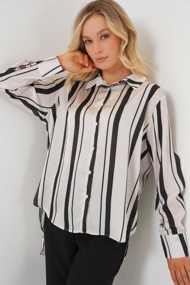 Çizgili Uzun Saten Gömlek 20291 - Siyah