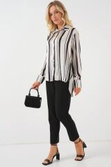 Çizgili Uzun Saten Gömlek 20291 - Siyah