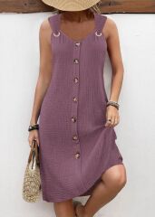 Kadın Askılı V Yakalı önden Düğmeli Narin Elbise