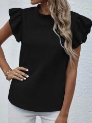 Kadın Kısa Kollu Fırfır Yakalı Bürümcük Bluz