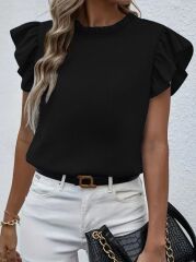 Kadın Kısa Kollu Fırfır Yakalı Bürümcük Bluz