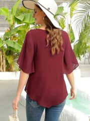 Kadın Kısa Yırtmaç Kollu Yuvarlak Yaka şifon Bluz