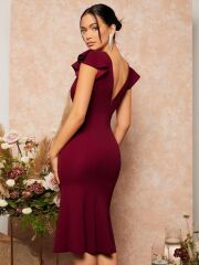 Kadın Kısa Kelebek Kollu Kruvaze Yaka Ithal Krep Midi Elbise