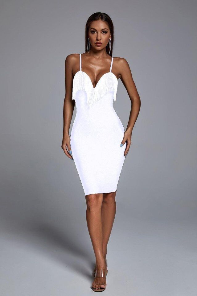 Kadın Omuz Askılı Derin Göğüs Dekolteli Zincir Detay Mini Elbise