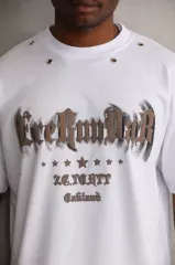 Unisex Kuşgözü Detaylı Baskılı Oversize T-Shirt - Beyaz