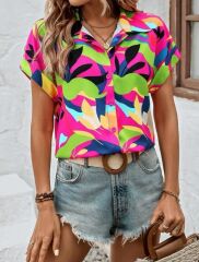 Kadın Moss Krep Kumaş Kısa Kol Çiçek Desenli Gömlek