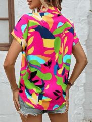 Kadın Moss Krep Kumaş Kısa Kol Çiçek Desenli Gömlek