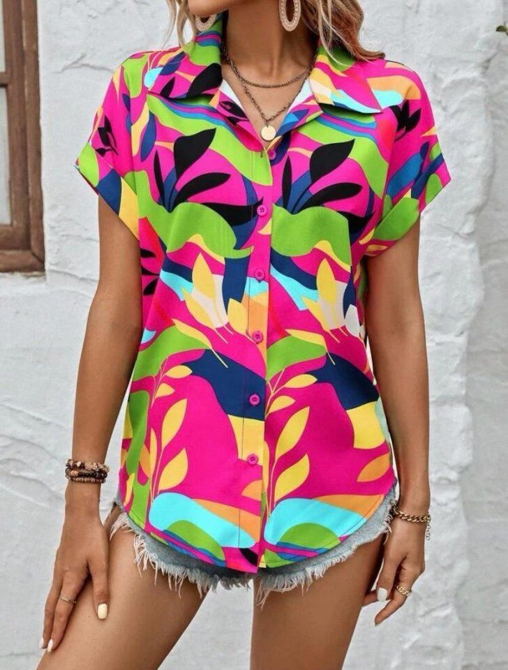 Kadın Moss Krep Kumaş Kısa Kol Çiçek Desenli Gömlek