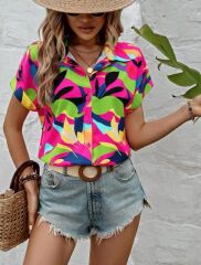 Kadın Moss Krep Kumaş Kısa Kol Çiçek Desenli Gömlek