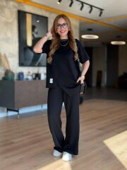 Kadın Kısa Kollu Bisiklet Yaka Asimetrik Viskon Iki Iplik Bluz Ve Pantolon Ikili Takım