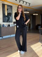 Kadın Kısa Kollu Bisiklet Yaka Asimetrik Viskon Iki Iplik Bluz Ve Pantolon Ikili Takım