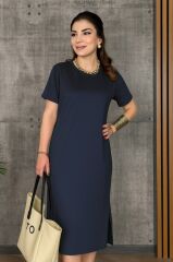 Kadın Kısa Kollu Bisiklet Yaka Yırtmaçlı Viskon Iki Iplik Elbise