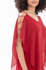 Kadın Omzu Açık V Yaka Şifonlu Sandy Kumaş Fırsat Ürün Diz Üstü Elbise