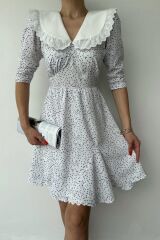 Beyaz Puantiyeli Önlük Yaka Elbise