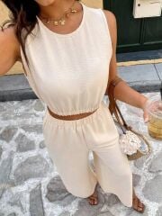 Kadın Kolsuz Beli Lastikli Atlet Ve Yırtmaç Detay Pantolon Ikili Takım