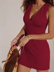 Kadın Sıfır Kollu Derin V Yakalı Janjan Krep Elbise