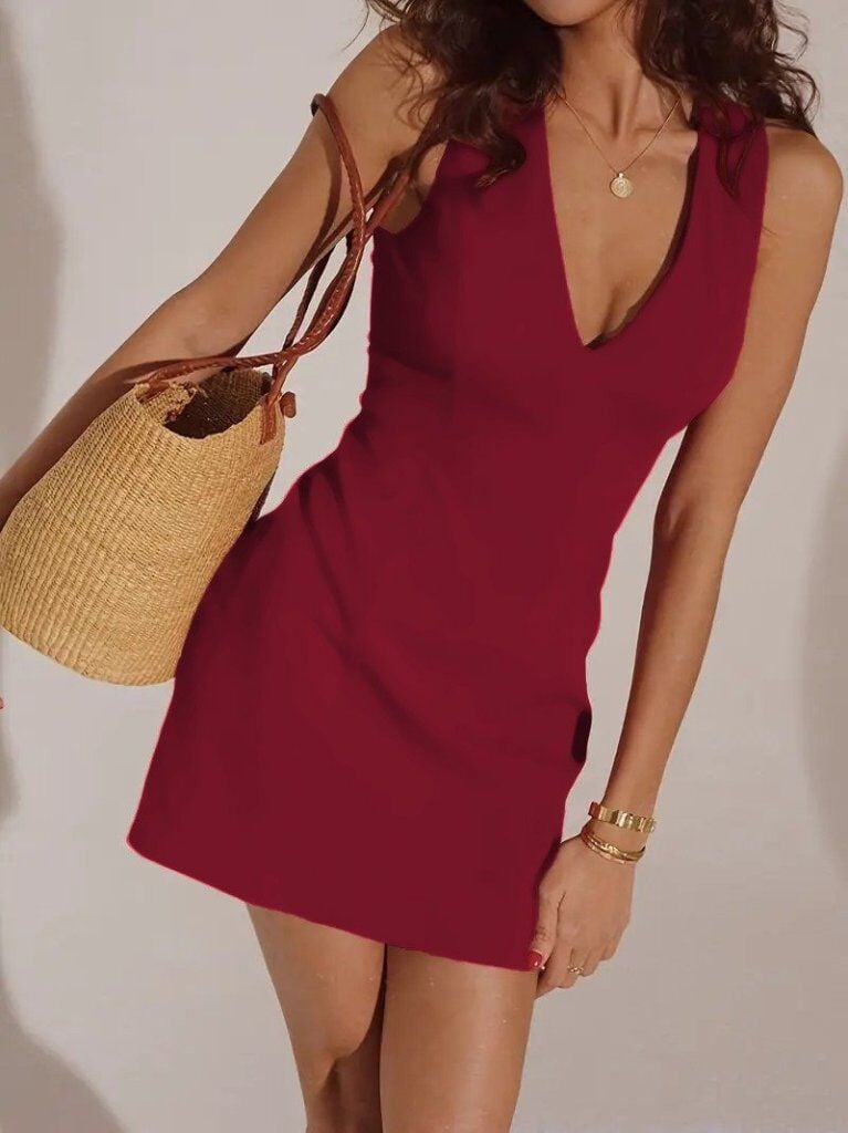 Kadın Sıfır Kollu Derin V Yakalı Janjan Krep Elbise