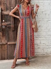 Kadın Kısa Kollu V Yakalı Desenli Yandan Yırtmaçlı Süprem Elbise