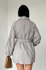 Kahverengi Çizgili Poplin Kuşaklı Gömlek