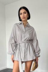 Kahverengi Çizgili Poplin Kuşaklı Gömlek