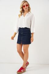 Çizgili Oversize Kısa Gömlek 20326 - Beyaz