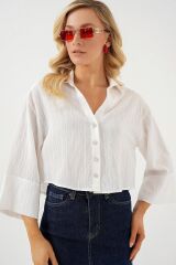 Çizgili Oversize Kısa Gömlek 20326 - Beyaz