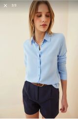 %100 Viskon İpeksi Dokulu Buz Mavisi Gömlek Premium Serisi