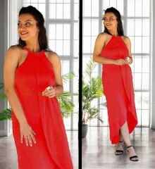 Boyun Askılı Eteği Kruvaze Kesim Viskon Kumaş Elbise