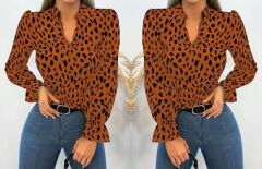 Kadın Uzun Kollu Baskılı V Hakim Yaka Helen Bluz