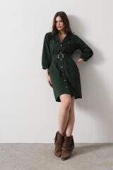 Kemer Detaylı Gabardin Elbise - Haki