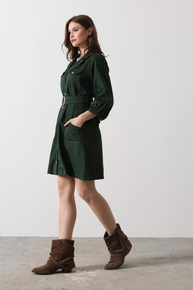 Kemer Detaylı Gabardin Elbise - Haki