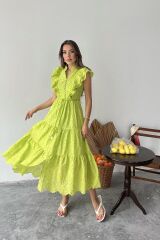 Yağ Yeşili Fırfırlı Düğmeli Elbise