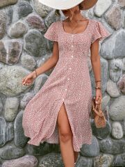 Kadın Kısa Kollu önü Düğmeli Volanlı Minik Leopar Desen Midi Viskon Elbise